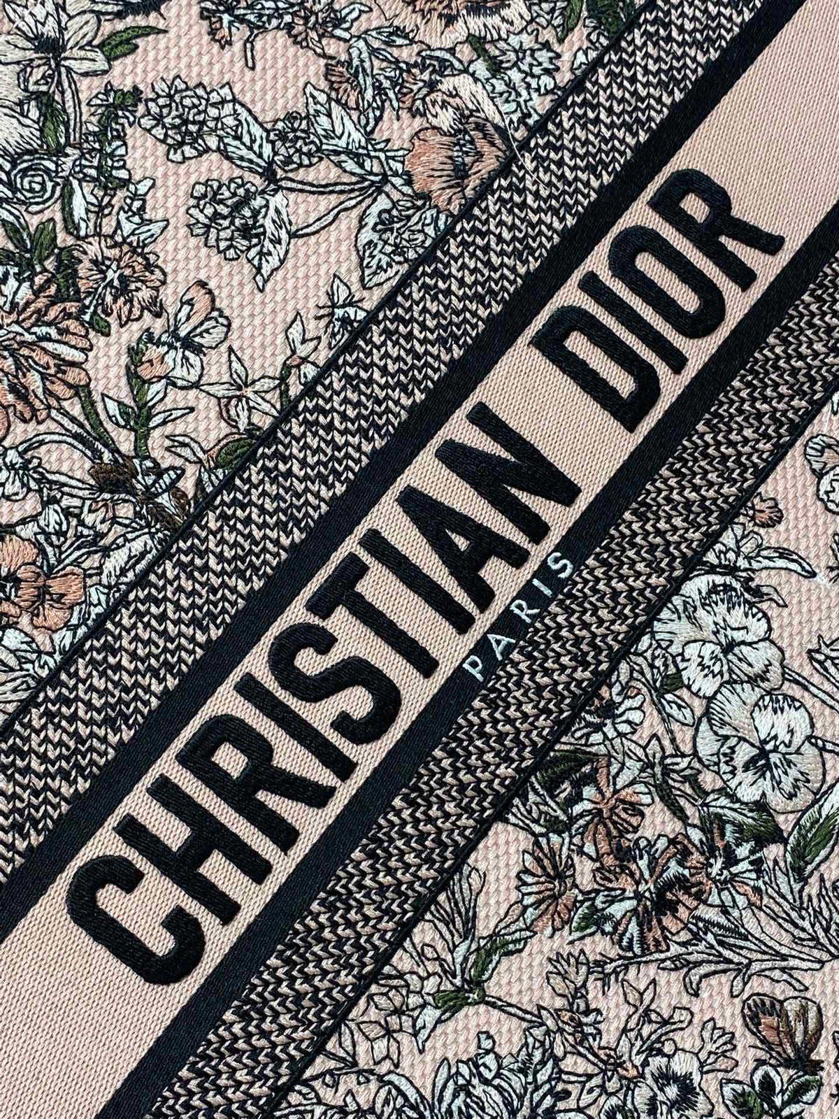 DIOR 25S LUCKY LARGE DIOR BOOK TOTE 42 IN PINK MULTICOLOR DIOR FLOWERS CALENDAR ALLOVER EMBROIDERY