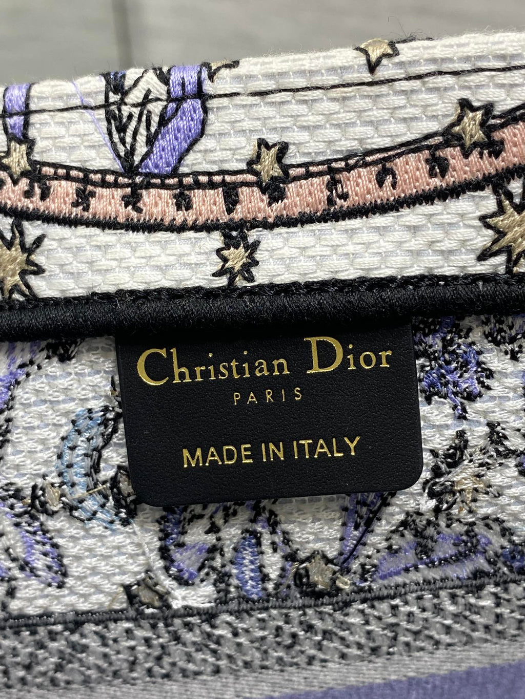 DIOR 25S SMALL BOOK TOTE 26 IN WHITE AND PURPLE DIOR NIGHT OF DREAMS EMBROIDERY