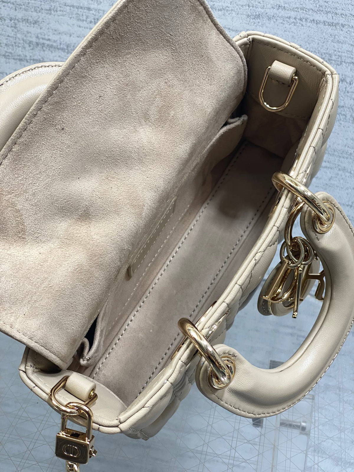 DIOR 25S MICRO LADY D-JOY 19 IN POWDER BEIGE CALFSKIN GOLD HARDWRE