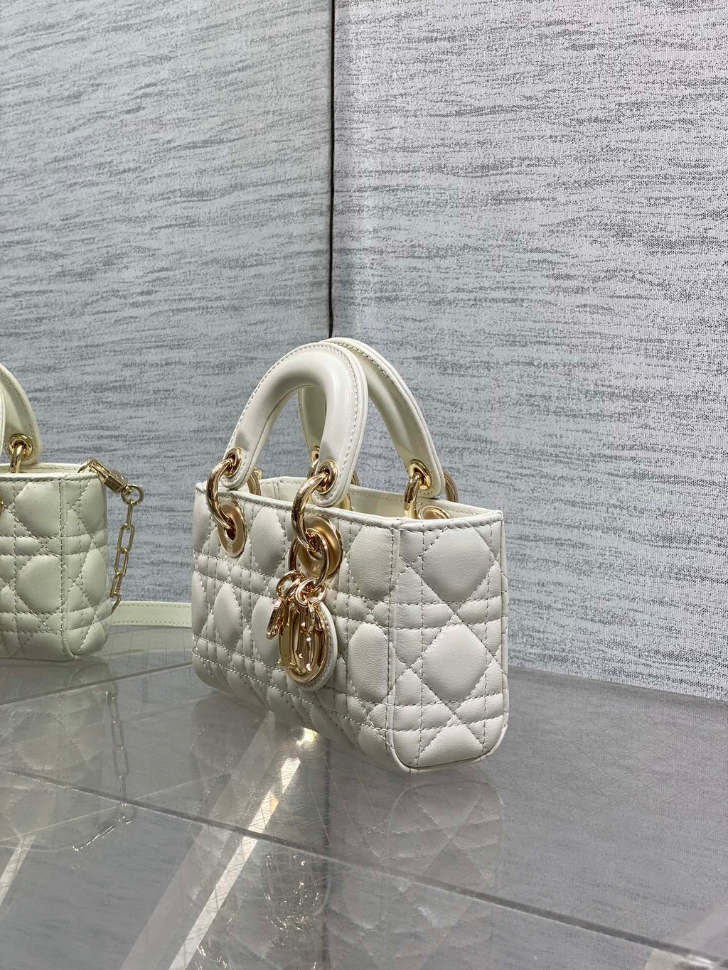 DIOR 25S MICRO LADY D-JOY 19 IN IVORY CALFSKIN GOLD HARDWRE