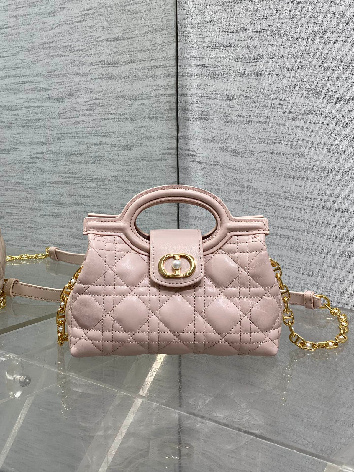 DIOR 25S JOLIE TOP HANDLE MINI BAG 18 IN BABY PINK CALFSKIN GOLD HARDWRE