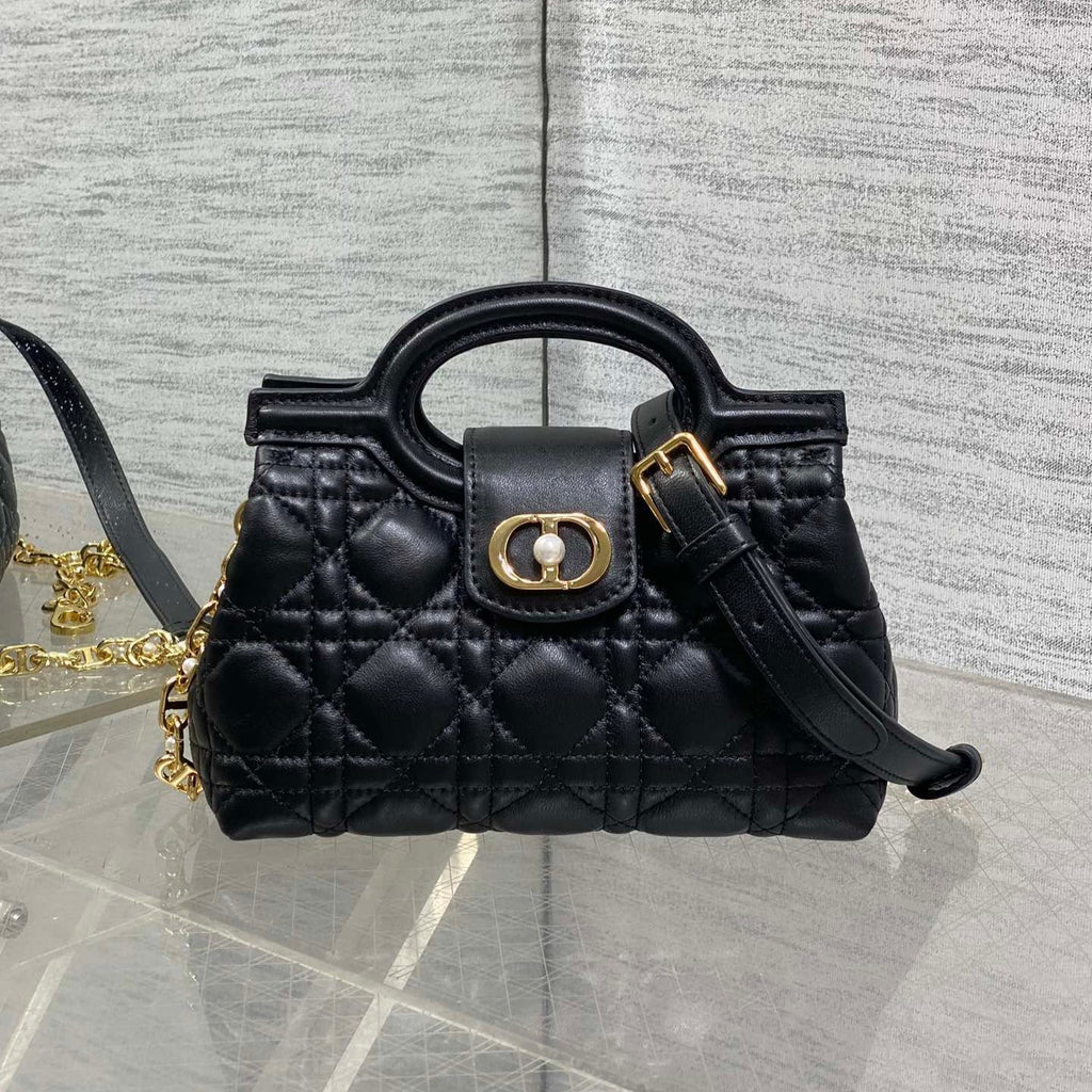 DIOR 25S JOLIE TOP HANDLE MINI BAG 18 IN BLACK CALFSKIN GOLD HARDWRE