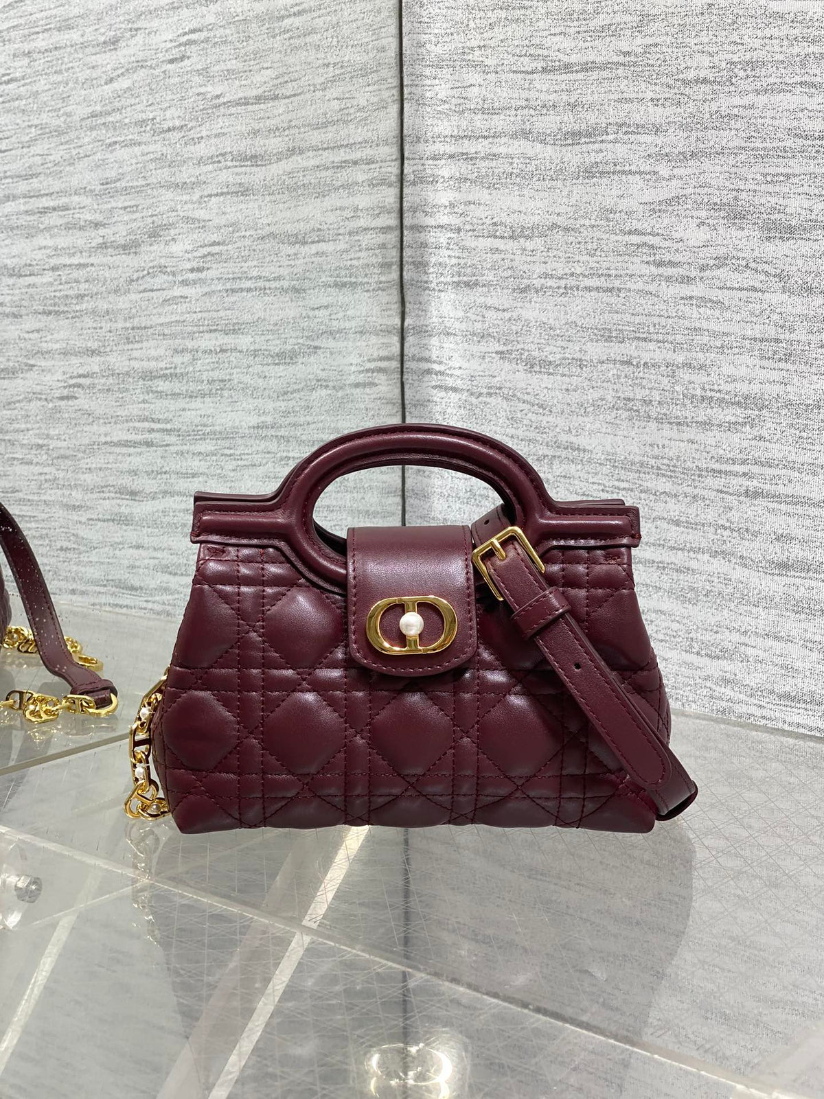 DIOR 25S JOLIE TOP HANDLE MINI BAG 18 IN BURGUNDY CALFSKIN GOLD HARDWRE