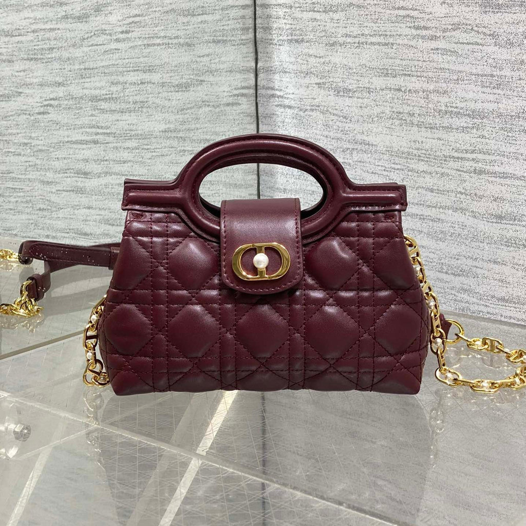 DIOR 25S JOLIE TOP HANDLE MINI BAG 18 IN BURGUNDY CALFSKIN GOLD HARDWRE