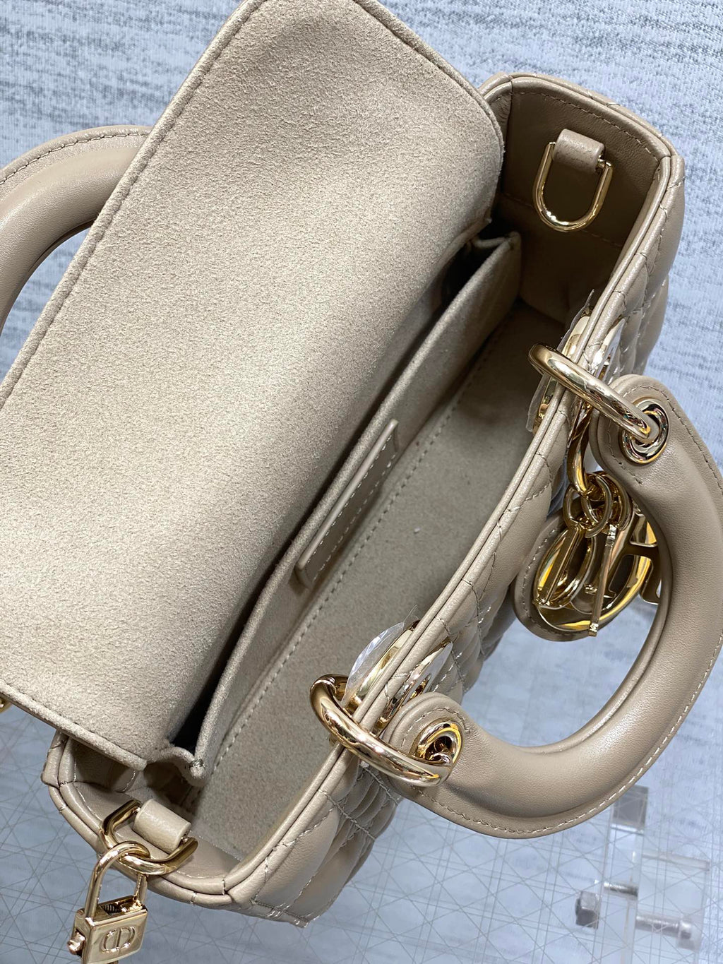 DIOR 25S SMALL LADY D‑JOY BAG 19 IN DARK BEIGE CANNAGE CALFSKIN GOLD HARDWRE