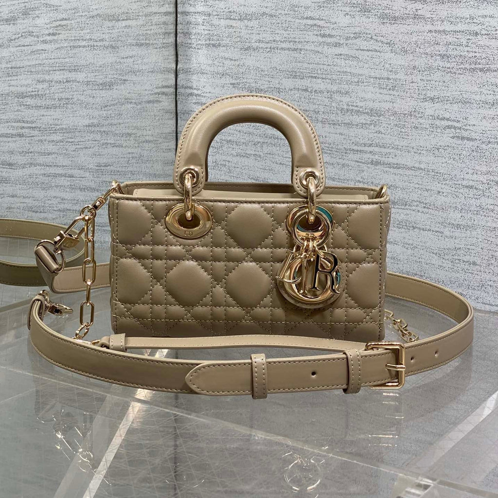 DIOR 25S SMALL LADY D‑JOY BAG 19 IN DARK BEIGE CANNAGE CALFSKIN GOLD HARDWRE