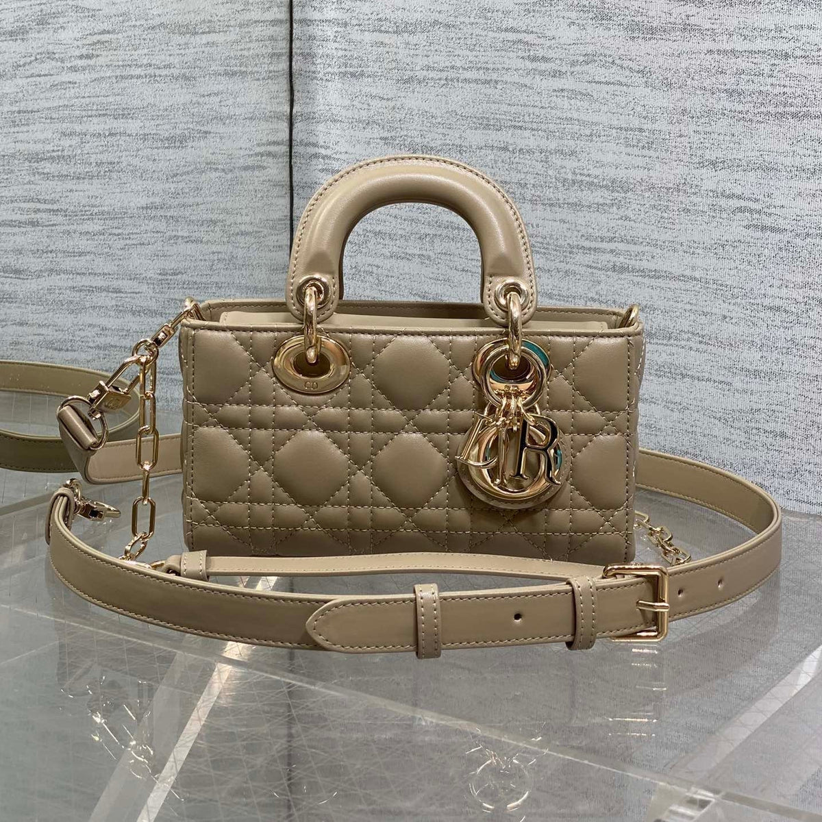DIOR 25S SMALL LADY D‑JOY BAG 19 IN DARK BEIGE CANNAGE CALFSKIN GOLD HARDWRE