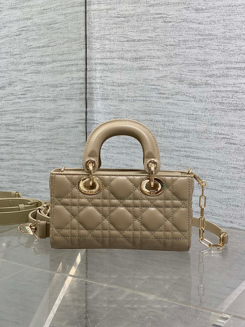 DIOR 25S SMALL LADY D‑JOY BAG 19 IN DARK BEIGE CANNAGE CALFSKIN GOLD HARDWRE