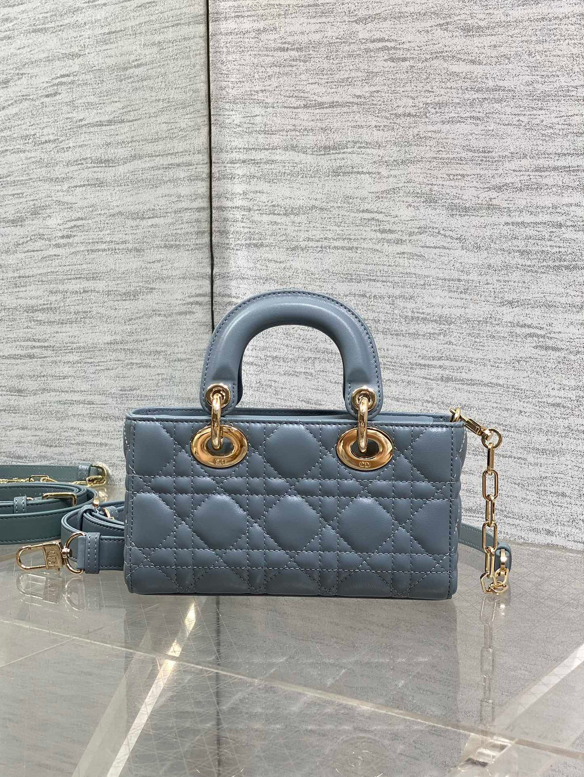 DIOR 25S SMALL LADY D‑JOY BAG 19 IN STEEL BLUE GRAY CANNAGE CALFSKIN GOLD HARDWRE