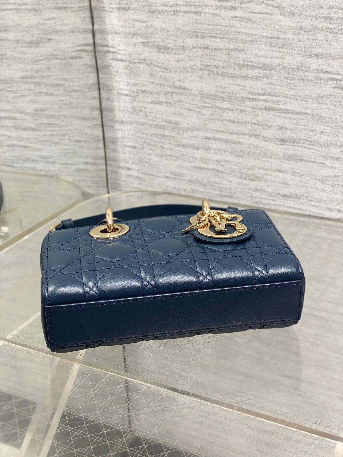 DIOR 25S SMALL LADY D‑JOY BAG 19 IN DARK BLUE CANNAGE CALFSKIN GOLD HARDWRE