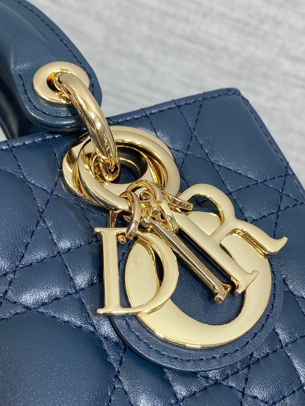 DIOR 25S SMALL LADY D‑JOY BAG 19 IN DARK BLUE CANNAGE CALFSKIN GOLD HARDWRE