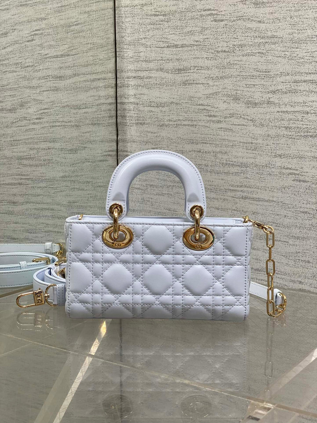 DIOR 25S SMALL LADY D‑JOY BAG 19 IN LIGHT BLUE CANNAGE CALFSKIN GOLD HARDWRE