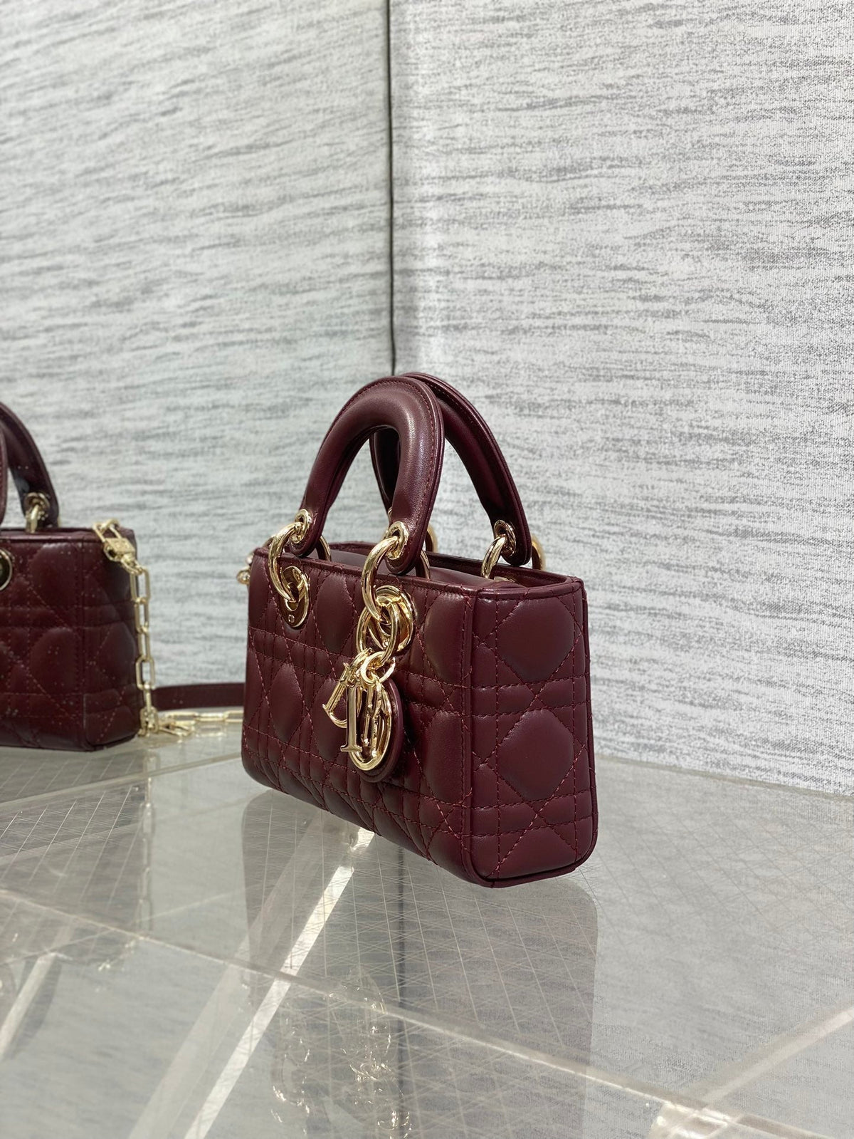 DIOR 25S SMALL LADY D‑JOY BAG 19 IN BURGUNDY CANNAGE CALFSKIN GOLD HARDWRE