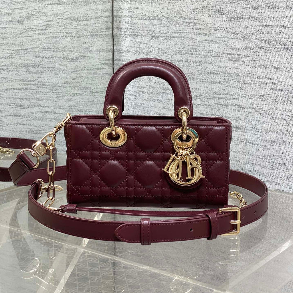 DIOR 25S SMALL LADY D‑JOY BAG 19 IN BURGUNDY CANNAGE CALFSKIN GOLD HARDWARE