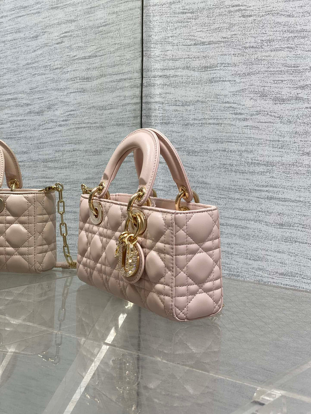 DIOR 25S SMALL LADY D‑JOY BAG 22 IN BABY PINK CALFSKIN GOLD HARDWRE