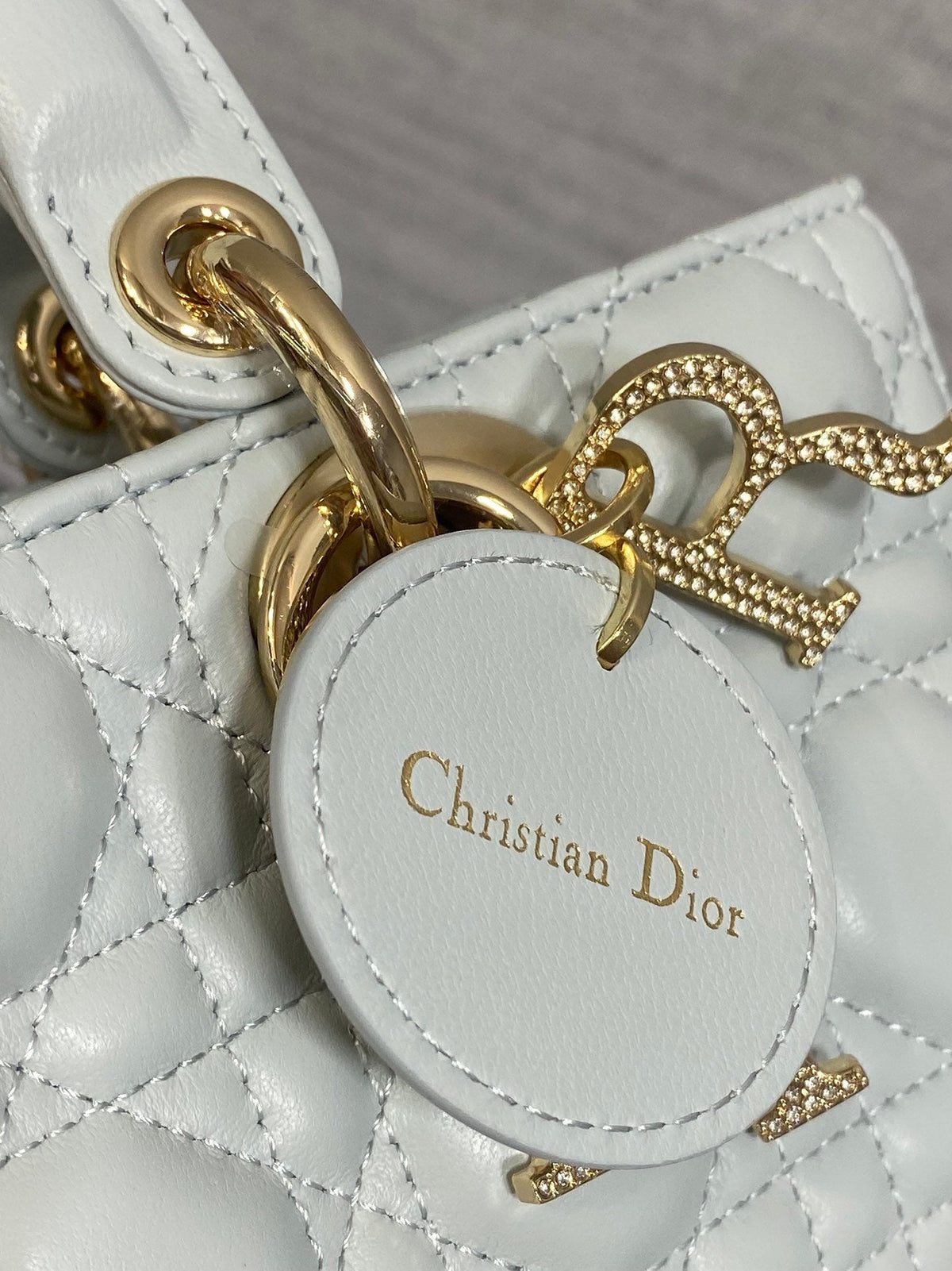 DIOR 25S SMALL LADY D‑JOY BAG 22 IN SHIRT BLUE CALFSKIN GOLD HARDWRE