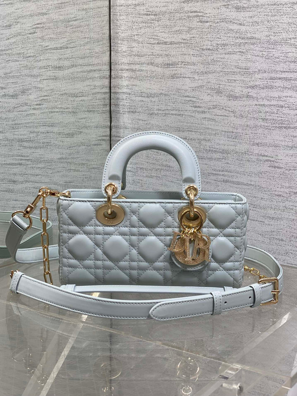 DIOR 25S SMALL LADY D‑JOY BAG 22 IN SHIRT BLUE CALFSKIN GOLD HARDWRE