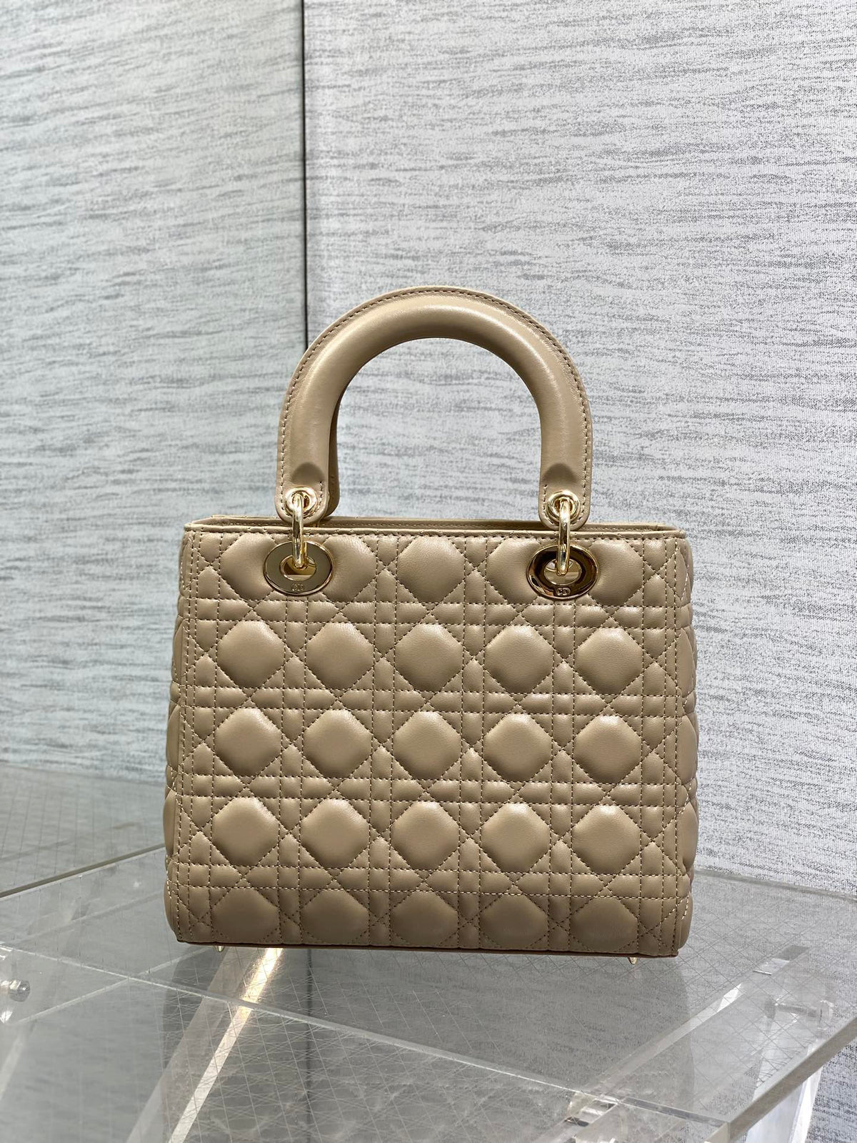DIOR 25S MEDIUM LADY BAG 24 IN POWDER BEIGE CALFSKIN GOLD HARDWRE