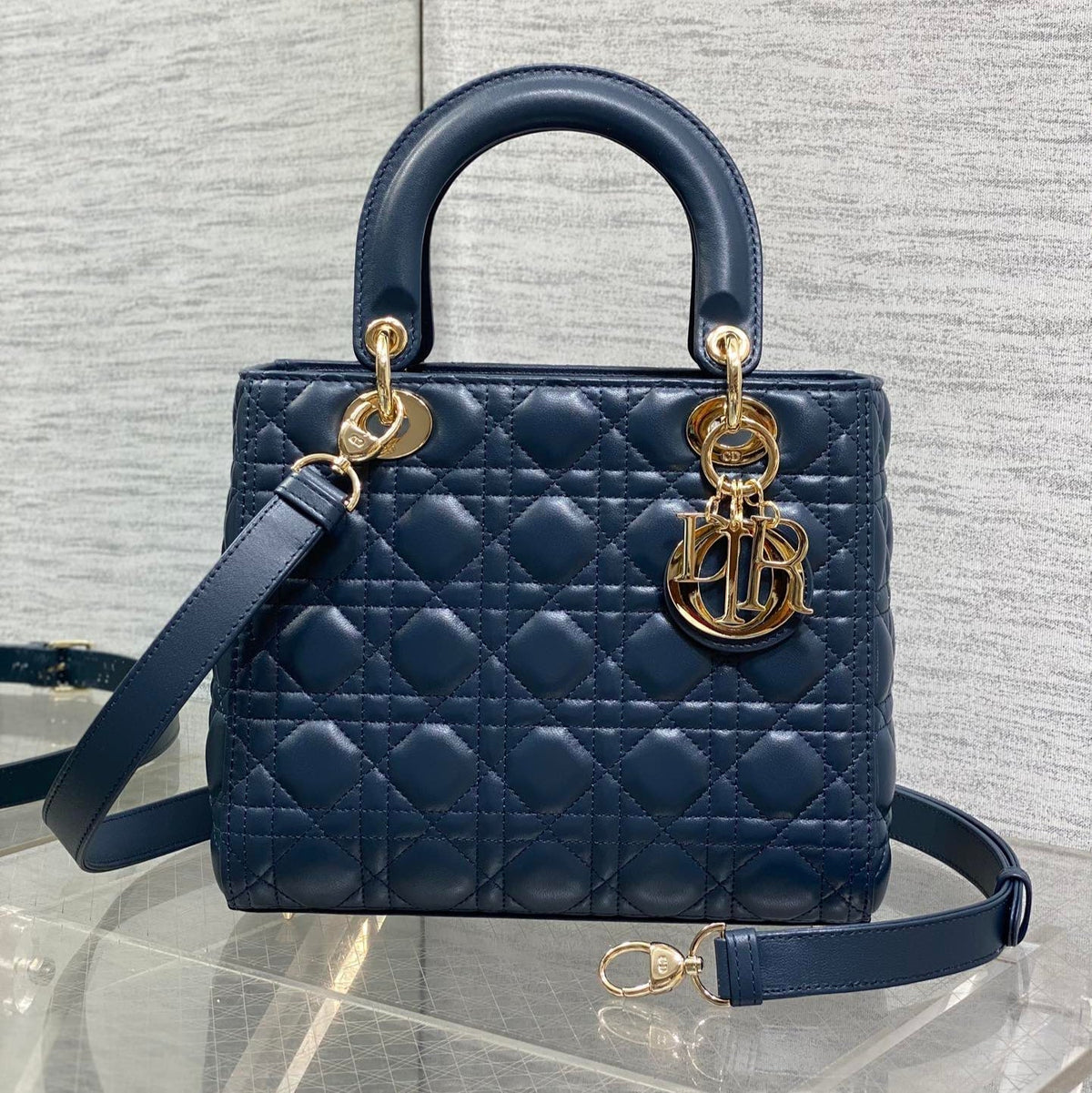 DIOR 25S MEDIUM LADY BAG 24 IN DEEP OCEAN BLUE CALFSKIN GOLD HARDWRE