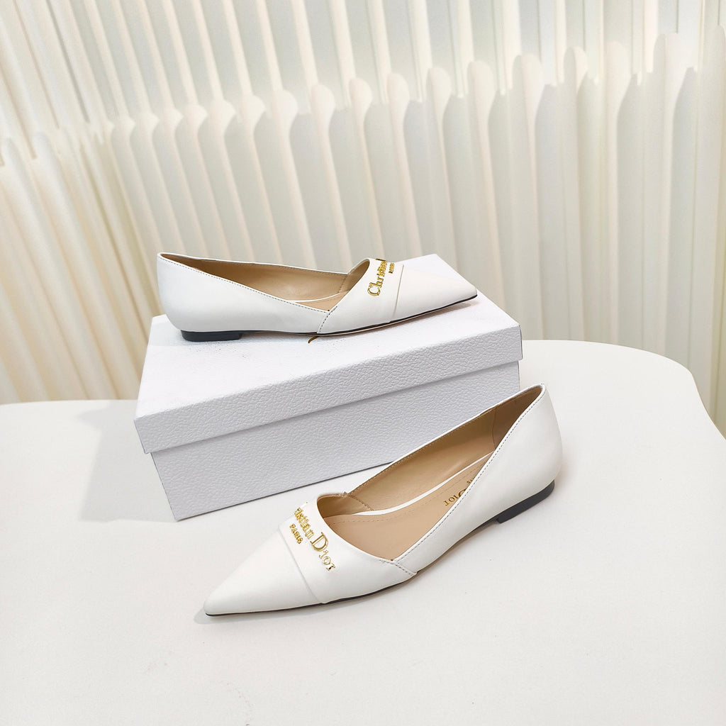 DIOR POINTED BALLET FLATS 25S IN WHITE CALFSKIN WITH GOLD HARDWARE