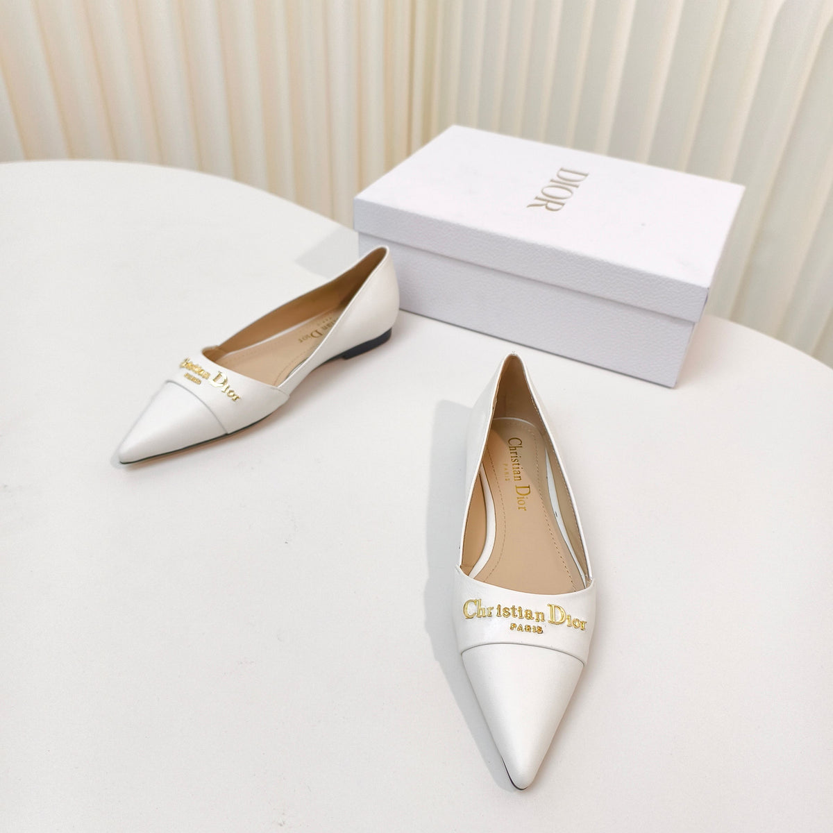 DIOR POINTED BALLET FLATS 25S IN WHITE CALFSKIN WITH GOLD HARDWARE