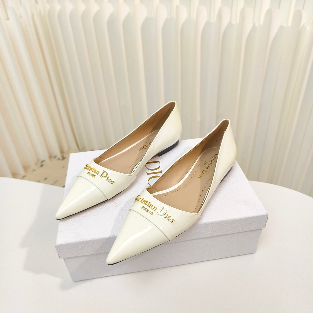 DIOR POINTED BALLET FLATS 25S IN CREAM WHITE GLOSSY LEATHER WITH GOLD HARDWARE