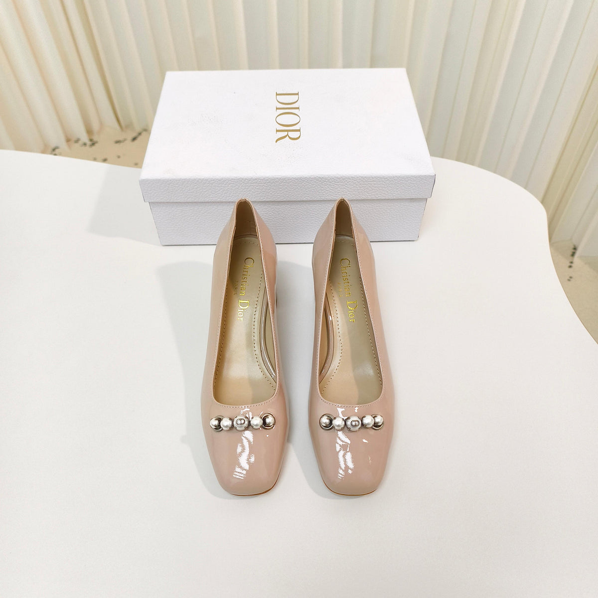 DIOR HIGH HEEL 55 MM 25S IN BEIGE LAMBSKIN PEARL DETAILING