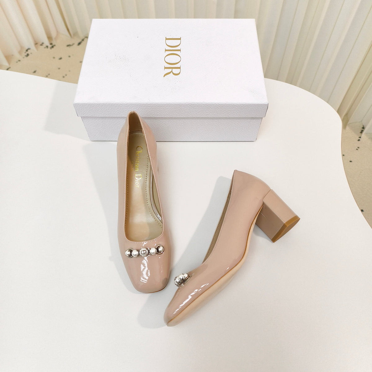 DIOR HIGH HEEL 55 MM 25S IN BEIGE LAMBSKIN PEARL DETAILING