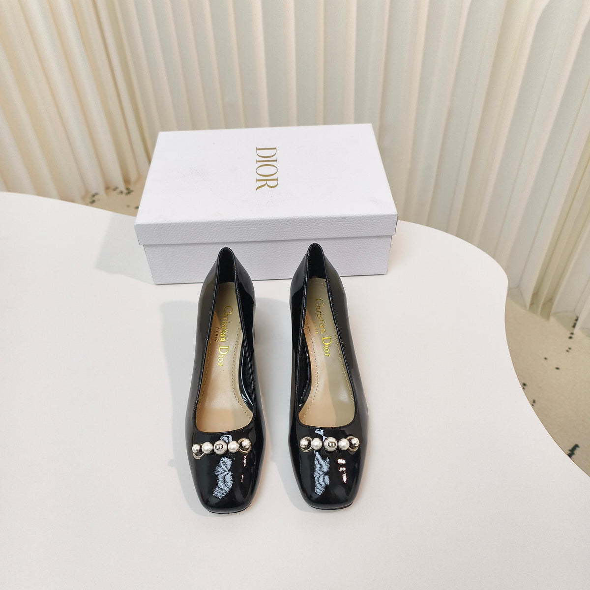 DIOR HIGH HEEL 55 MM 25S IN BLACK LAMBSKIN PEARL DETAILING