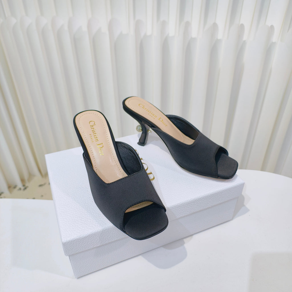 DIOR EMBELLISHED HIGH HEEL SLIDES 25S IN BLACK SATIN