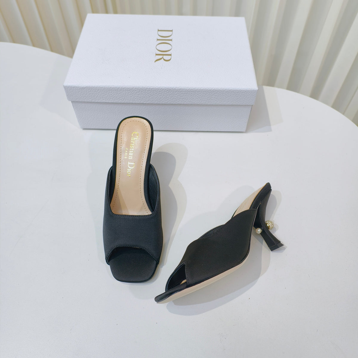 DIOR EMBELLISHED HIGH HEEL SLIDES 25S IN BLACK SATIN
