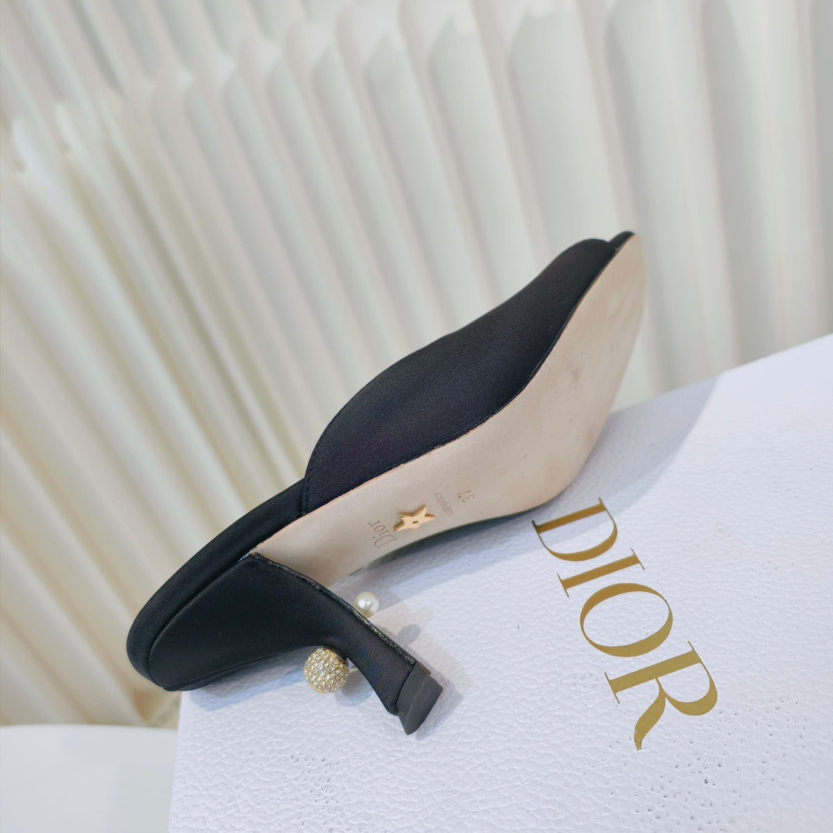 DIOR EMBELLISHED HIGH HEEL SLIDES 25S IN BLACK SATIN
