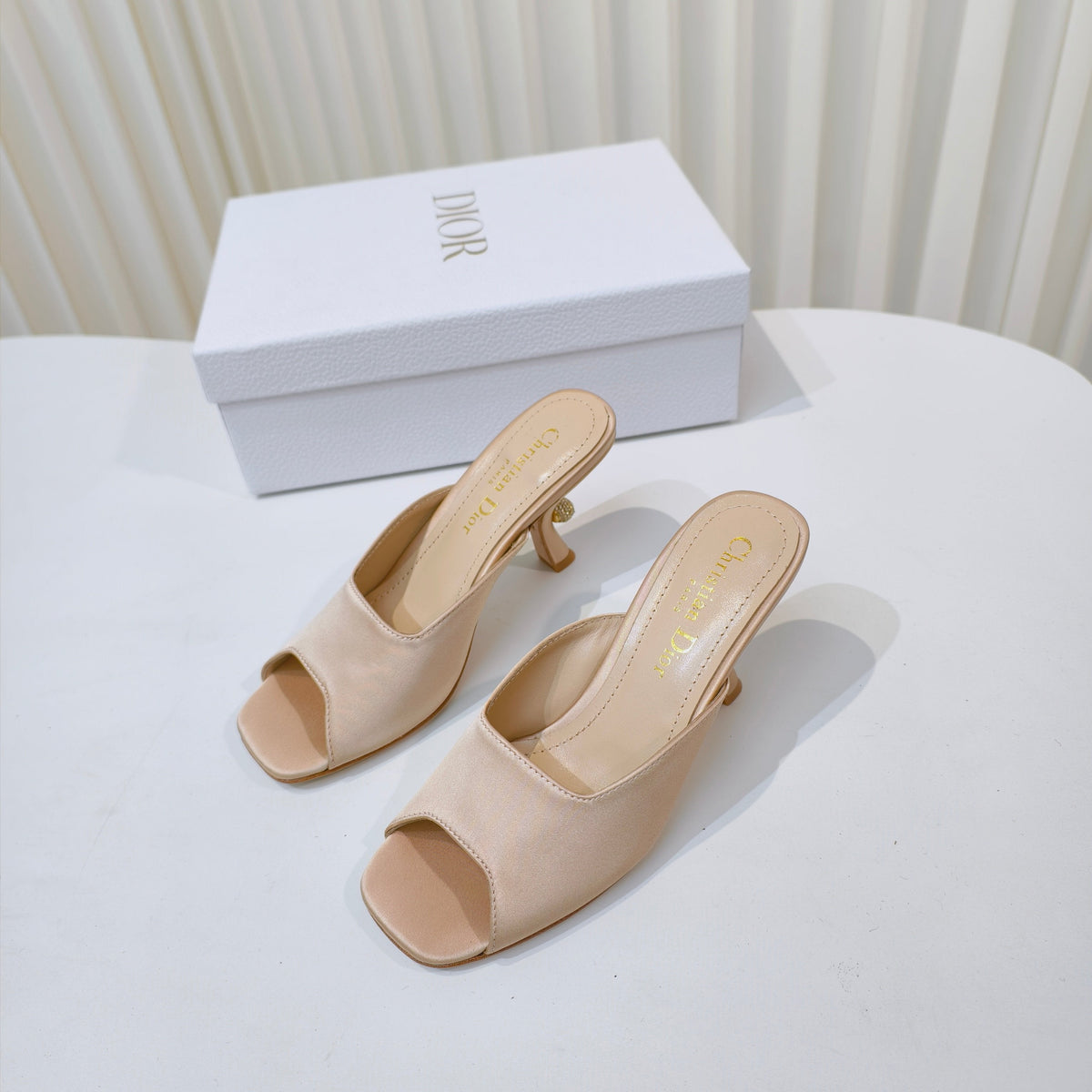 DIOR EMBELLISHED HIGH HEEL SLIDES 25S IN LIGHT BEIGE SATIN