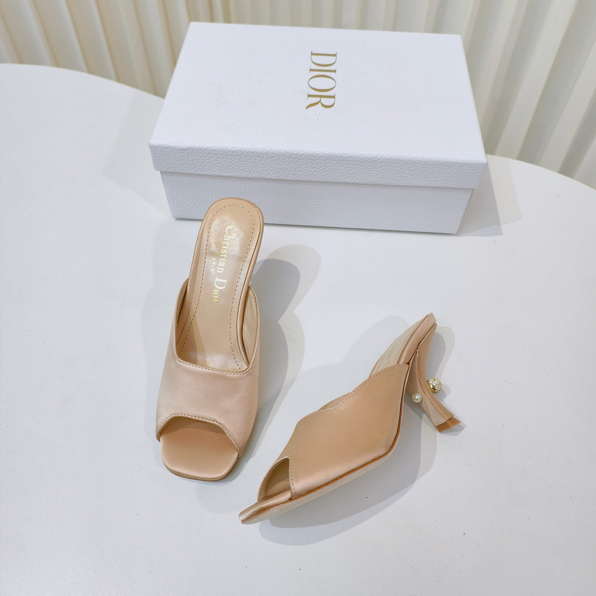 DIOR EMBELLISHED HIGH HEEL SLIDES 25S IN LIGHT BEIGE SATIN