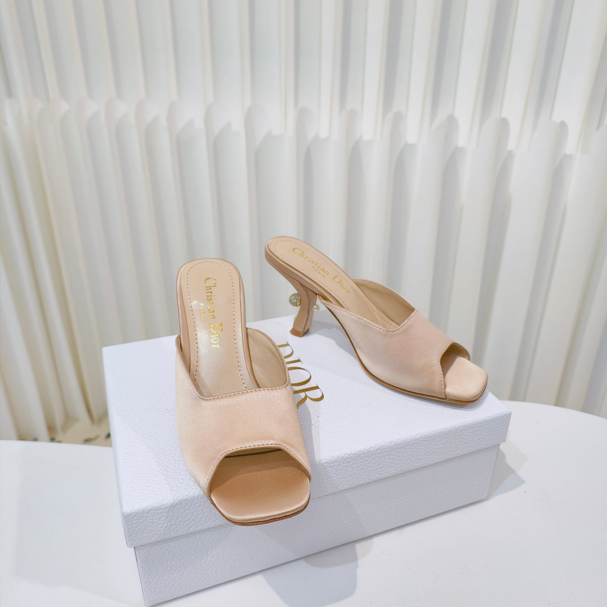 DIOR EMBELLISHED HIGH HEEL SLIDES 25S IN LIGHT BEIGE SATIN