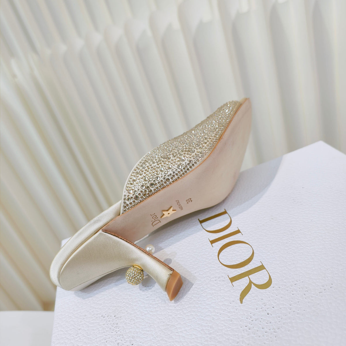 DIOR EMBELLISHED HIGH HEEL SLIDES 25S IN LIGHT BEIGE SATIN AND CALFSKIN