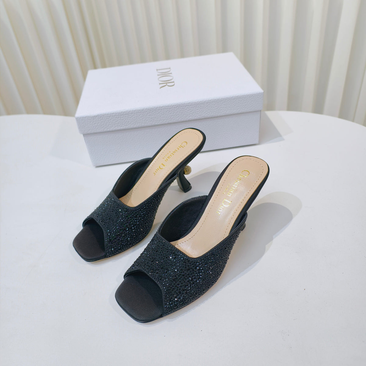 DIOR EMBELLISHED HIGH HEEL SLIDES 25S IN BLACK SATIN AND CALFSKIN