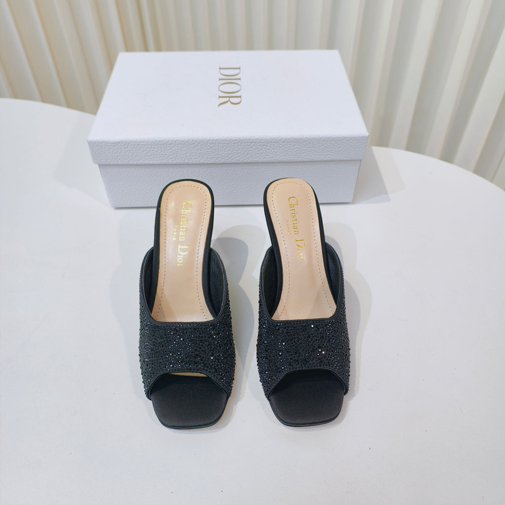 DIOR EMBELLISHED HIGH HEEL SLIDES 25S IN BLACK SATIN AND CALFSKIN