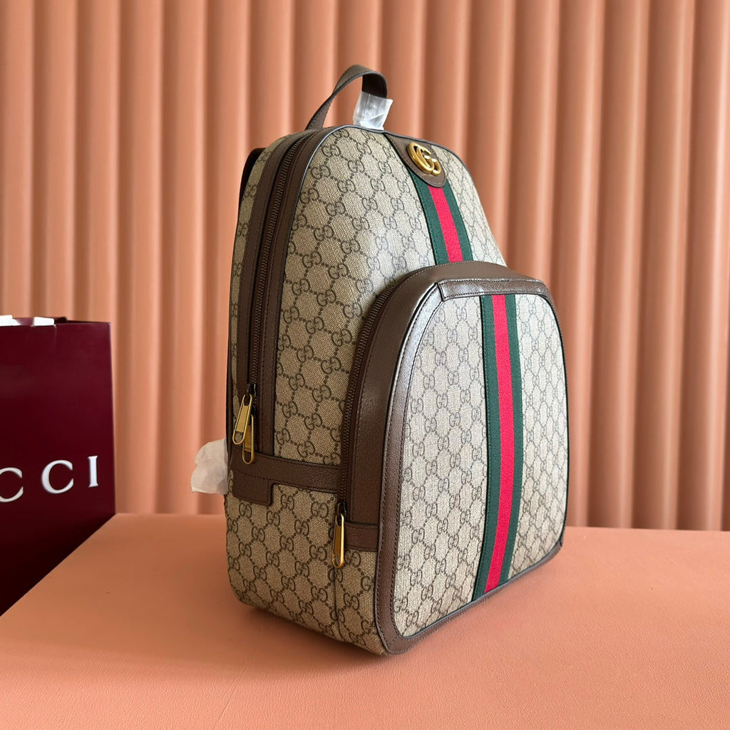 GUCCI 25S OPHIDIA BACKPACK 40 IN BEIGE CANVAS AND BROWN CALFSKIN