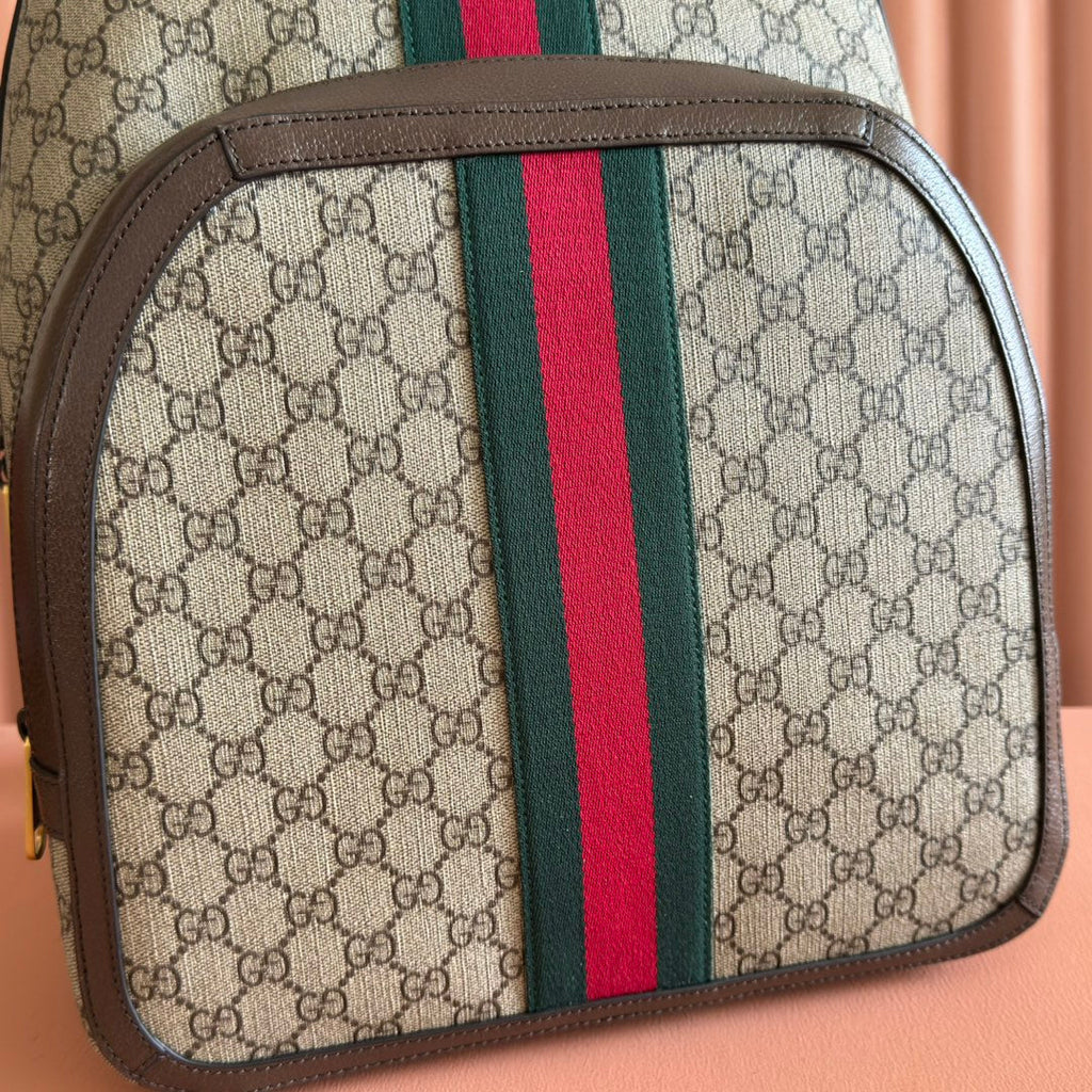 GUCCI 25S OPHIDIA BACKPACK 40 IN BEIGE CANVAS AND BROWN CALFSKIN