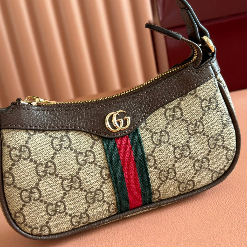 GUCCI 25S OPHIDIA SMALL SHOULDER BAG 19 IN BEIGE CANVAS AND BROWN CALFSKIN