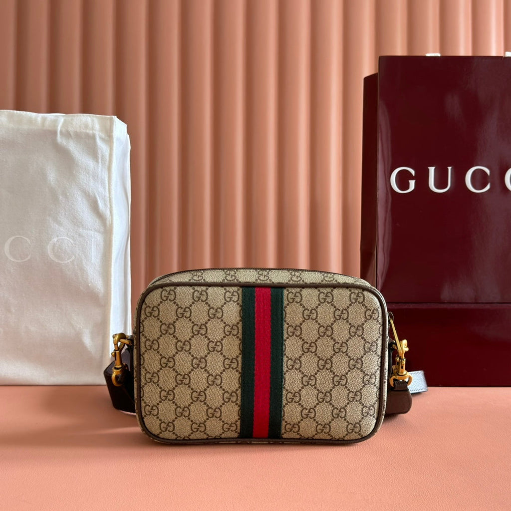 GUCCI 26S OPHIDIA CROSSBODY BAG 24 IN BROWN AND DARK BEIGE CANVAS