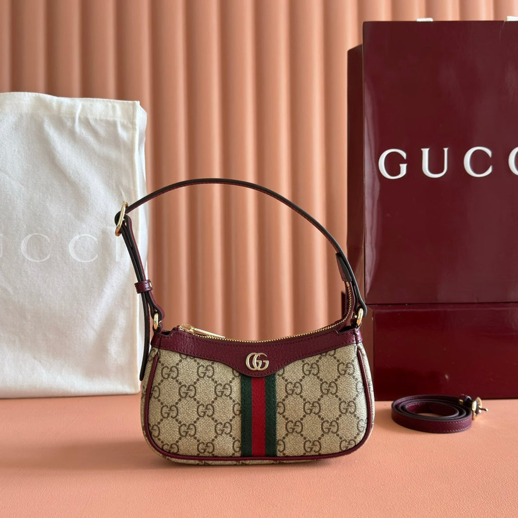 GUCCI 26S OPHIDIA BAG 20 IN DARK BEIGE AND RED CALFSKIN