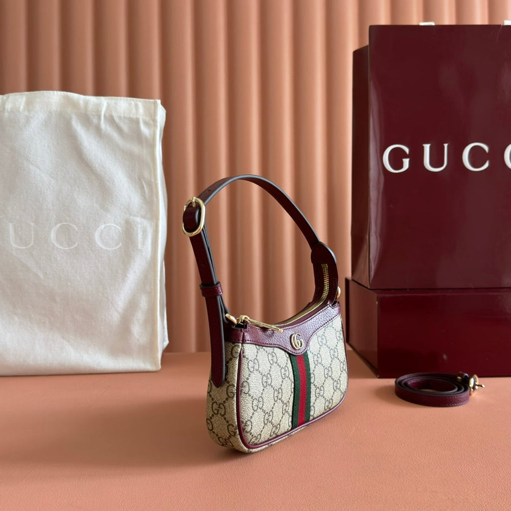 GUCCI 26S OPHIDIA BAG 20 IN DARK BEIGE AND RED CALFSKIN