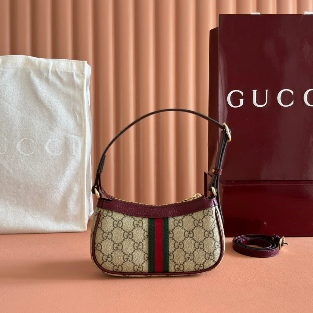 GUCCI 26S OPHIDIA BAG 20 IN DARK BEIGE AND RED CALFSKIN