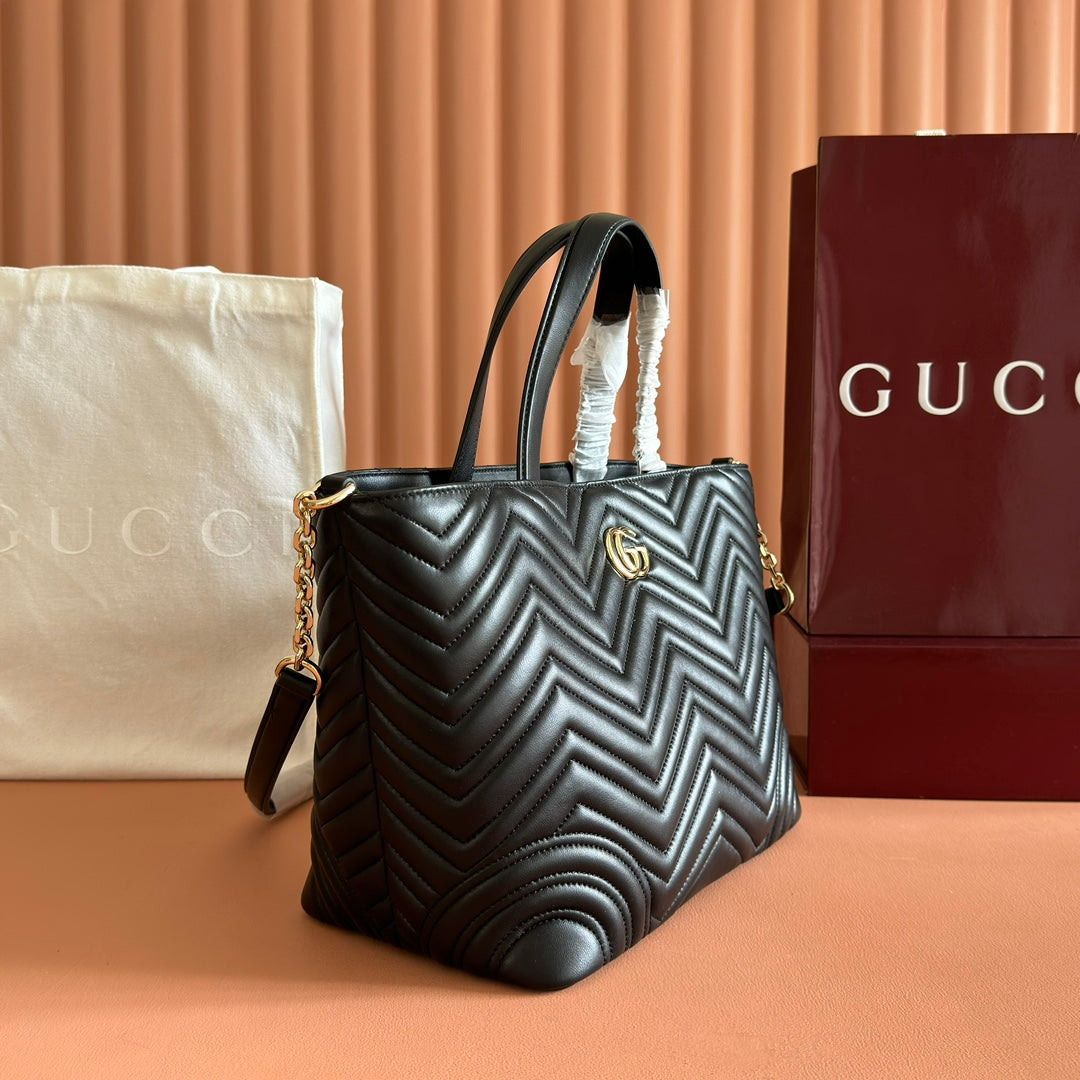 GUCCI 25S SMALL TOTE BAG 39 CM IN BLACK CALFSKIN WITH GOLD HARDWARE