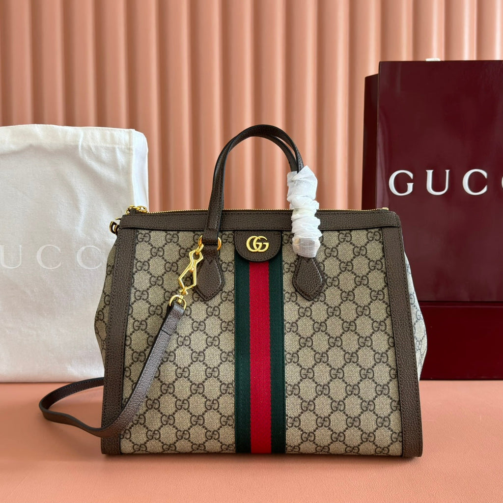 GUCCI 26S OPHIDIA HANDBAG 33 IN BROWN AND DARK BEIGE CALFSKIN