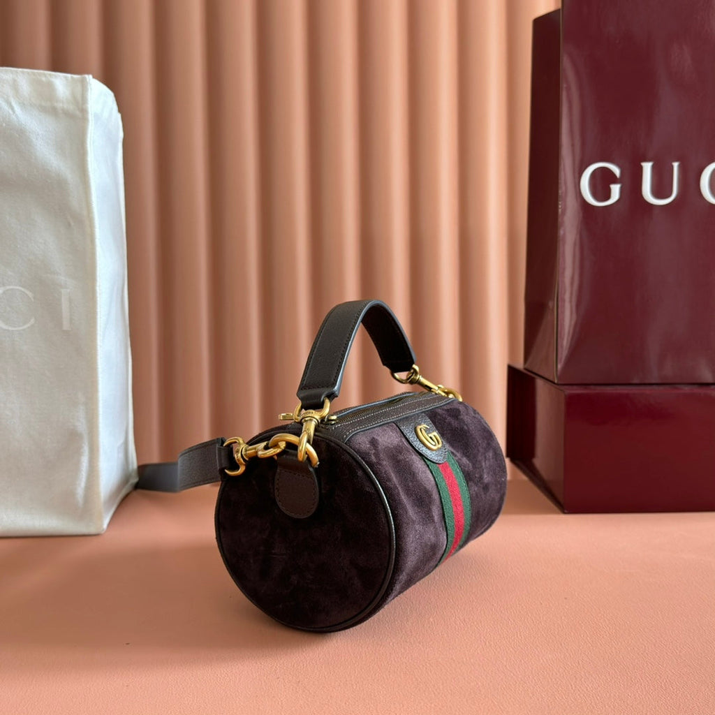 GUCCI 25S OPHIDIA MINI SHOULDER BAG 19 CM IN DARK CHOCOLATE BROWN SUEDE