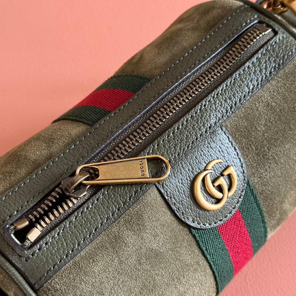 GUCCI 25S OPHIDIA MINI SHOULDER BAG 19 CM IN MOSS GREEN SUEDE