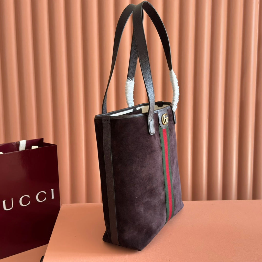 GUCCI 25S OPHIDIA MEDIUM TOTE 36 CM IN DARK CHOCOLATE BROWN SUEDE